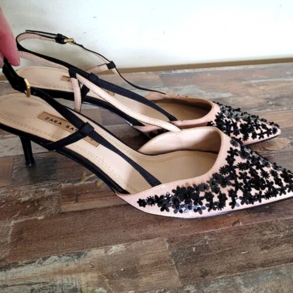 Zara Black Floral Pink Black Embellished Women's Kitten Shoes size 41 US 10 - Picture 2 of 9